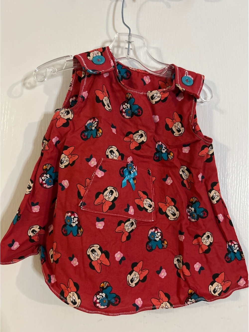 Red Minnie Mouse Print Toddler Dress with Blue Bow Detail